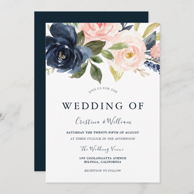 Navy Blue Blush Pink Watercolor Floral Wedding Invitation (Front/Back)