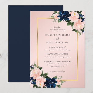 Navy Blue Blush Pink Watercolor Floral Wedding Invitation