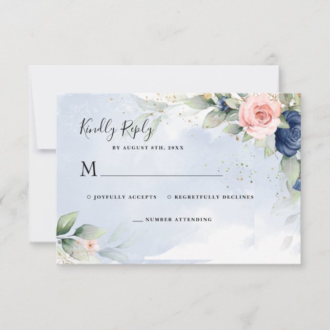 Navy Blue & Blush Pink Wedding RSVP Response Card (Front)