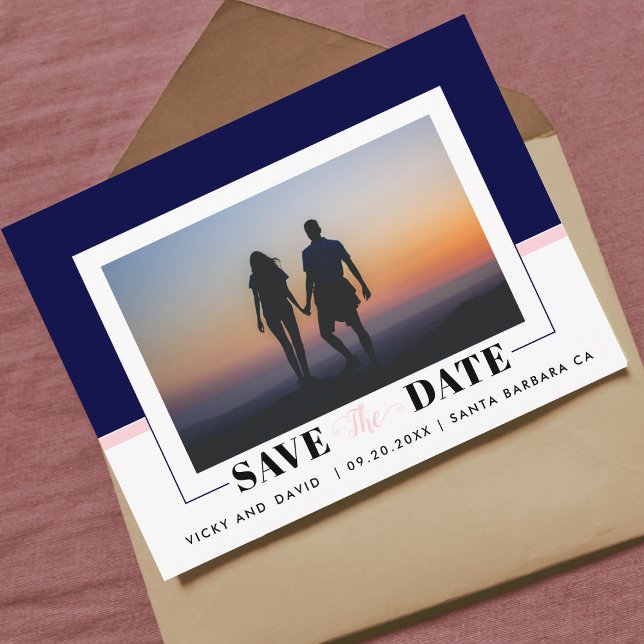 Navy blue, blush pink wedding Save the Date photo Postcard (Creator Uploaded)