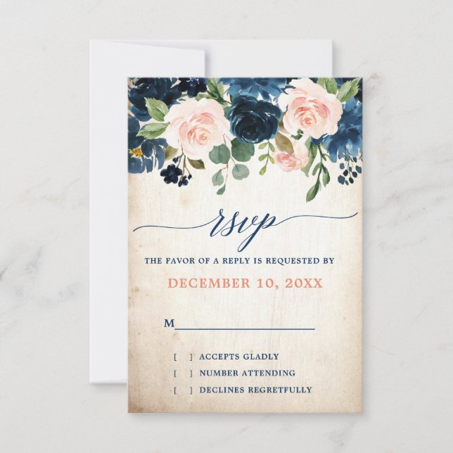 Navy Blue Blush Rose Boho Rustic Country Wedding RSVP Card (Front)