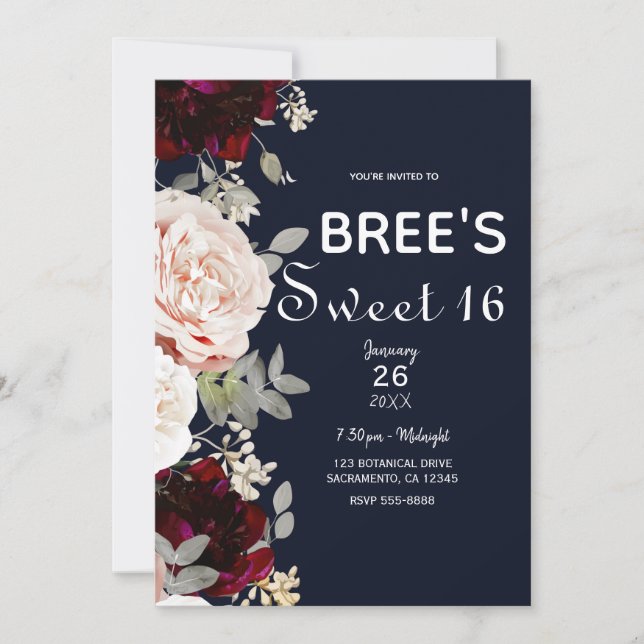Navy Blue Blush Rose & Burgundy Floral Sweet 16 Invitation (Front)