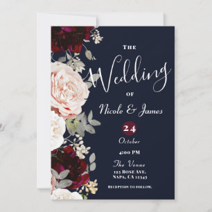 Navy Blue Blush Rose & Burgundy Floral Wedding Inv Invitation
