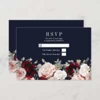 Navy Blue Blush Rose Burgundy Floral Wedding RSVP