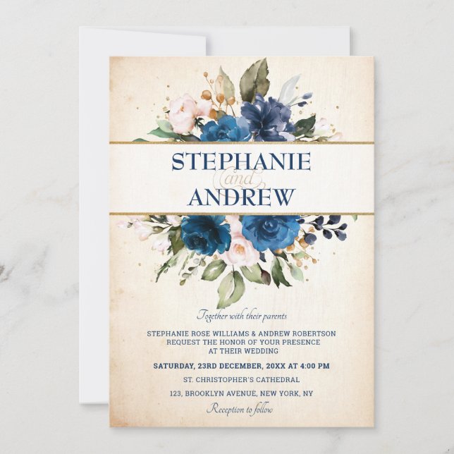 Navy Blue Blush Rose Floral Rustic Country Wedding Invitation (Front)