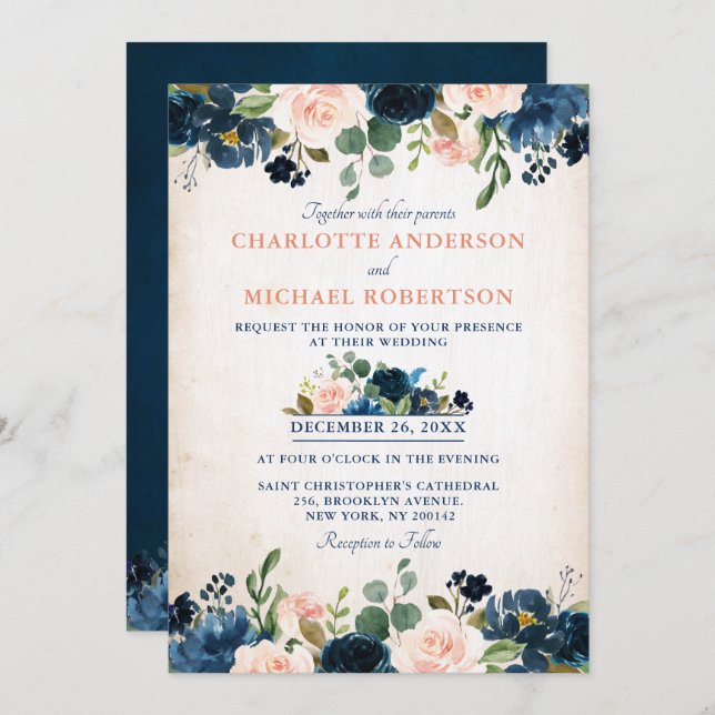 Navy Blue Blush Rose Floral Rustic Country Wedding Invitation (Front/Back)