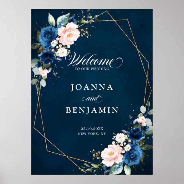Navy Blue Blush Rose Geometric Wedding Welcome Pos Poster (Front)