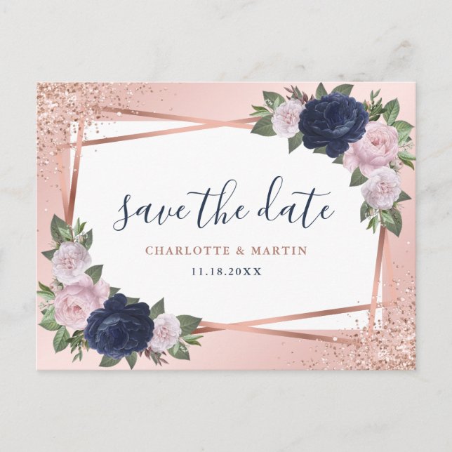 Navy Blue Blush Rose Gold Floral Geometric Wedding Announcement Postcard (Front)