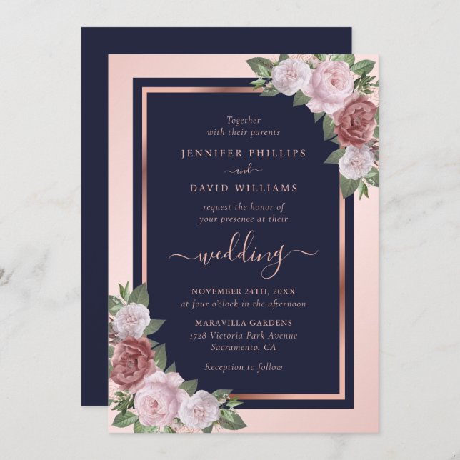 Navy Blue Blush Rose Gold Floral Wedding Invitation (Front/Back)