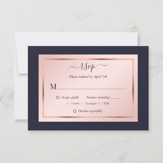 Navy Blue Blush Rose Gold Wedding RSVP Card (Front)