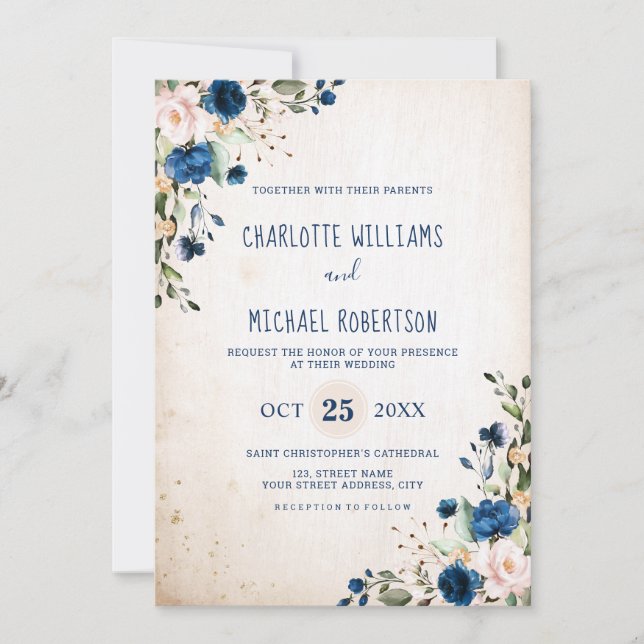 Navy Blue Blush Rose Rustic Country Floral Wedding Invitation (Front)