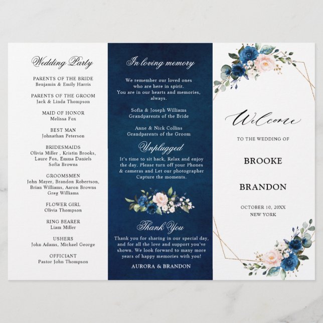 Navy Blue Blush Rose Trifold Wedding Program (Front)