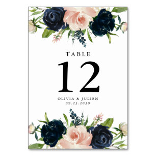 Navy Blue & Blush Rose Wedding Table Number