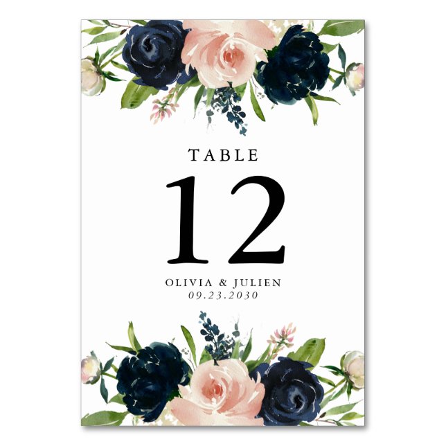 Navy Blue & Blush Rose Wedding Table Number (Front)