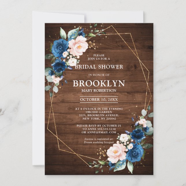Navy Blue Blush Rustic Wood Gold Bridal Shower Invitation (Front)