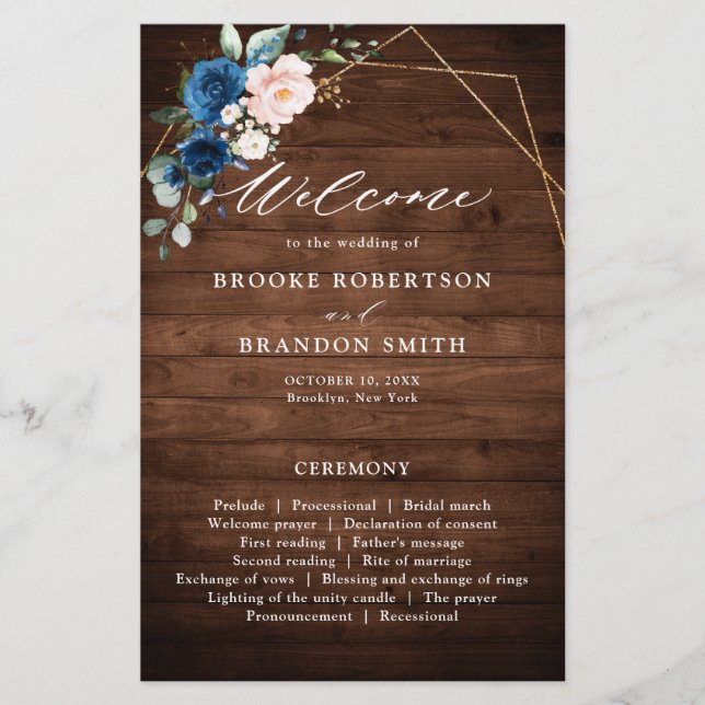 Navy Blue Blush Rustic Wood Gold Geometric Program (Front)