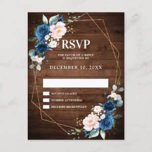 Navy Blue Blush Rustic Wood Gold Geometric RSVP Postcard