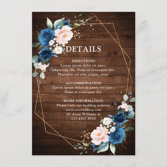 Navy Blue Blush Rustic Wood Gold Geometric Wedding Enclosure Card (Front)
