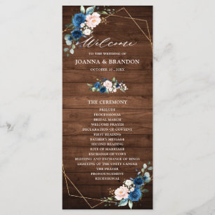 Navy Blue Blush Rustic Wood Gold Geometric Wedding Programme