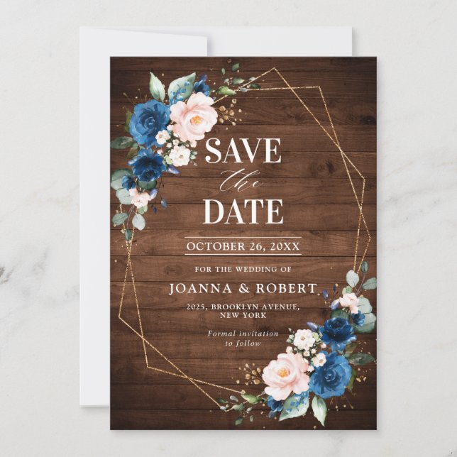Navy Blue Blush Rustic Wood Gold Geometric Wedding Save The Date (Front)