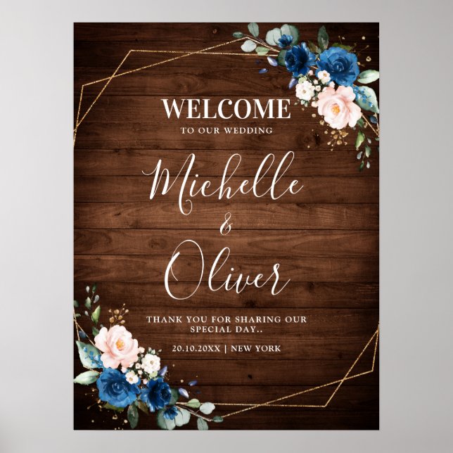 Navy Blue Blush Rustic Wood Gold Geometric Welcome Poster (Front)