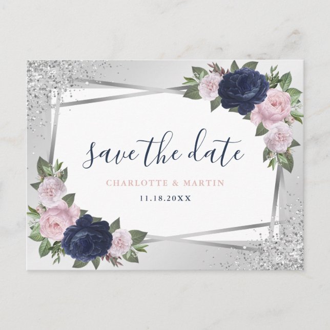Navy Blue Blush Silver Floral Geometric Wedding Announcement Postcard (Front)