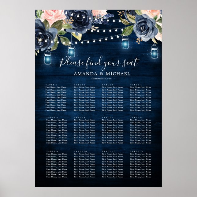 Navy Blue Blush String Lights Seating Chart (Front)