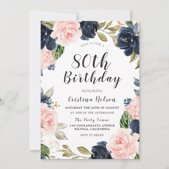Navy Blue Blush Watercolor 80th Birthday Party Invitation (Front)