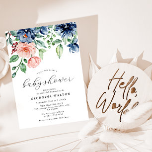 Navy Blue Blush Watercolor Floral Baby Shower Invitation