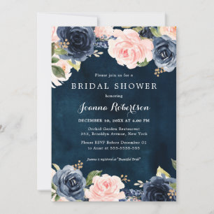 Navy Blue Blush Watercolor Floral Bridal Shower In Invitation
