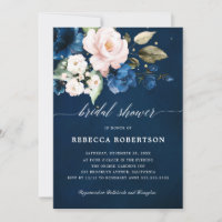 Navy Blue Blush Watercolor Floral Bridal Shower