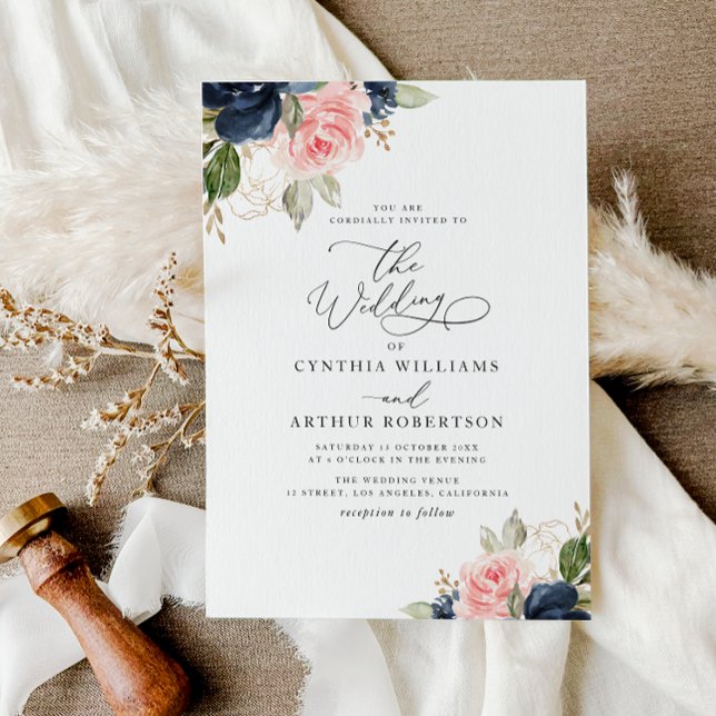 Navy blue & blush watercolor floral wedding invitation (Creator Uploaded)