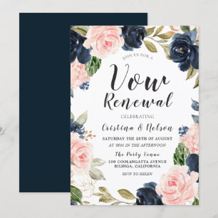 Navy Blue Blush Watercolor Wedding Vow Renewal Invitation