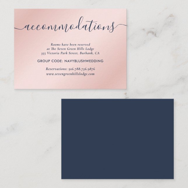 Navy Blue Blush Wedding Hotel Accommodation Cards (Front/Back)