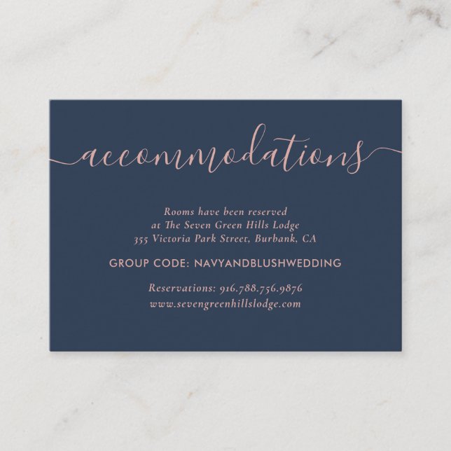 Navy Blue Blush Wedding Hotel Accommodation Cards (Front)