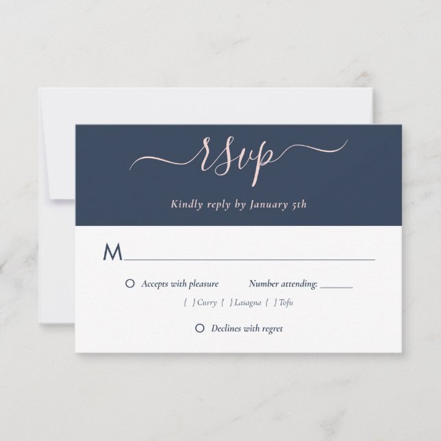 Navy Blue Blush Wedding RSVP Cards Meal Choice (Front)
