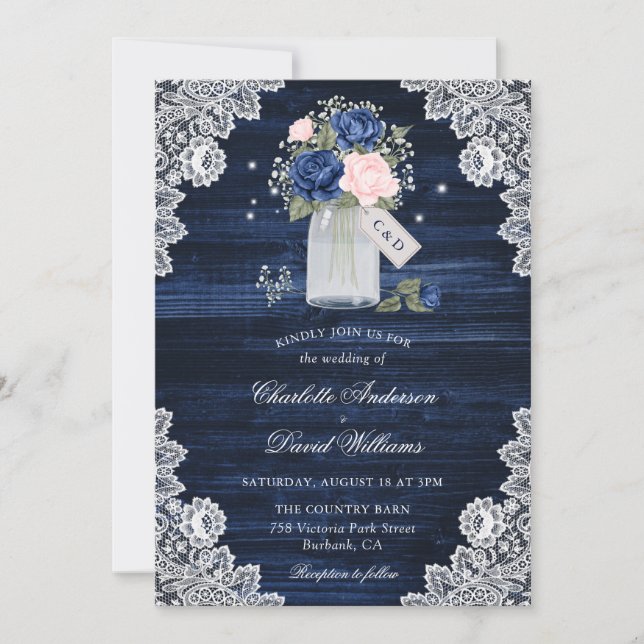 Navy Blue Blush Wood Lace Mason Jar Floral Wedding Invitation (Front)