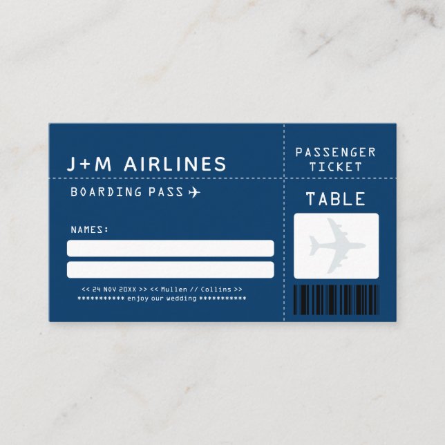 NAVY BLUE Boarding Pass Escort/Seating Card (Front)