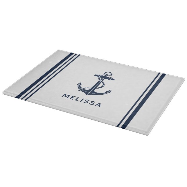 Navy Blue Boat Anchor Nautical Personalised Cutting Board (Corner)