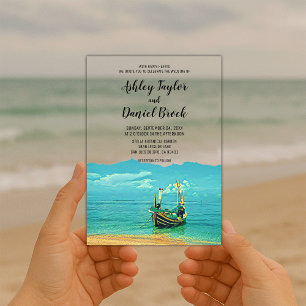 Navy Blue Boat Coastal Destination Wedding Acrylic Invitations