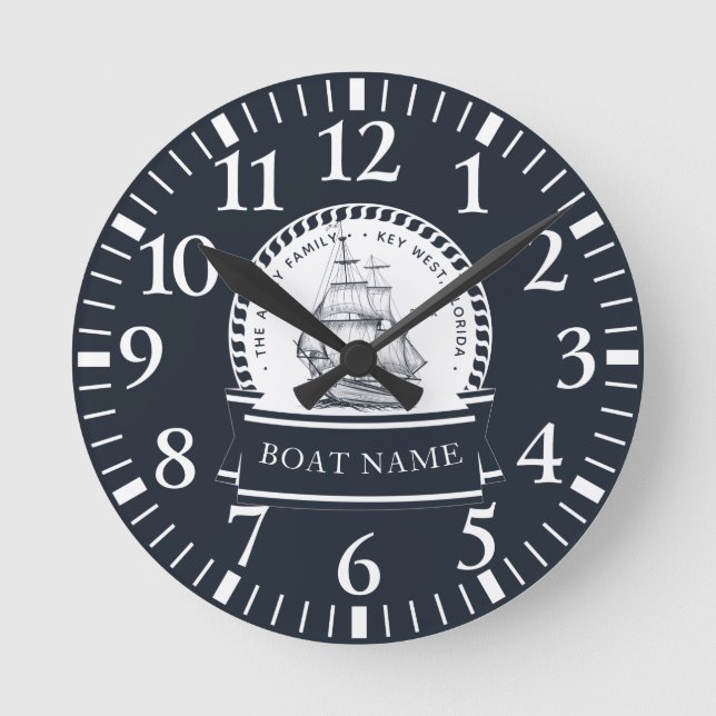 Navy Blue Boat Family Name Round Clock (Front)