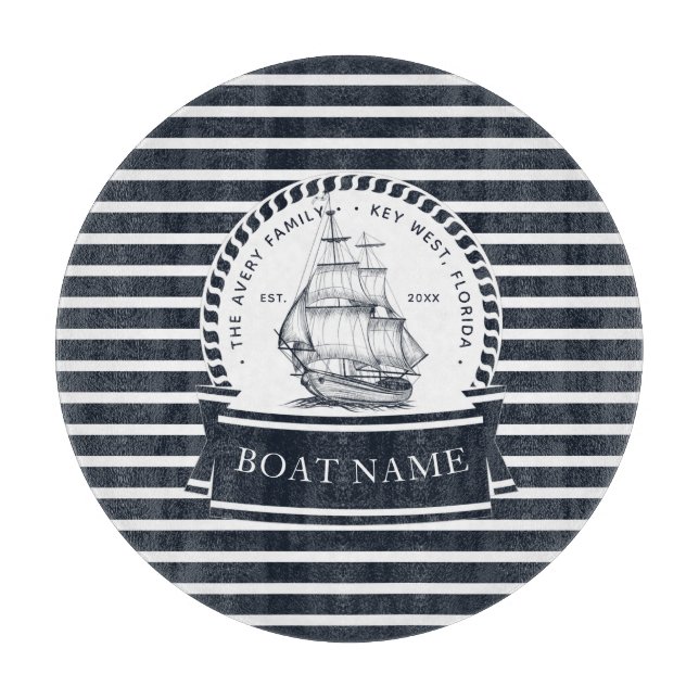 Navy Blue Boat Modern Personalised Cutting Board (Front)