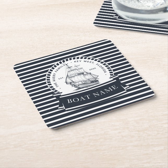 Navy Blue Boat Personalised Square Paper Coaster (Angled)
