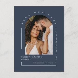 Navy Blue Boho Arch Photo QR Code Save Our Date Postcard