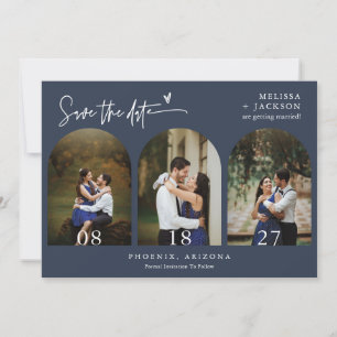 Navy Blue Boho Arch Photo QR Code Save the Date Invitation
