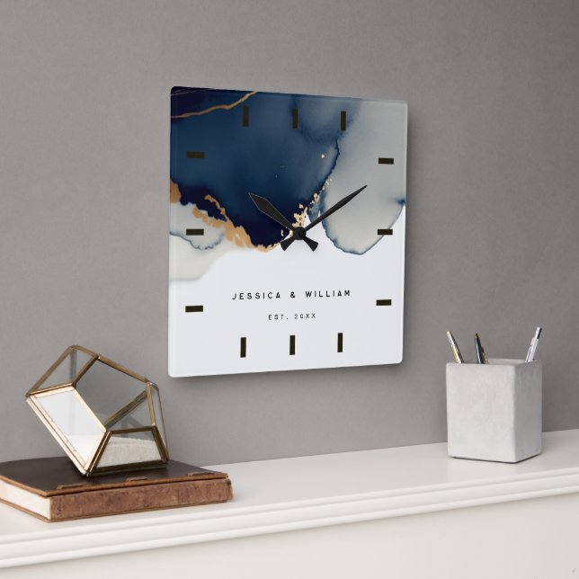 Navy Blue Boho Beach Wedding Anniversary Keepsake Square Wall Clock (Office)