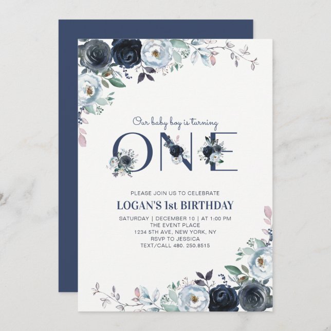 Navy Blue Boho Floral Boy 1st Birthday Party Invitation (Front/Back)