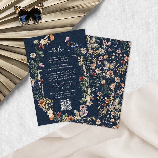 Navy Blue Boho Floral Details Enclosure Card (Navy Blue Boho Floral Details Enclosure Card with QR Code by Painted Paperie
)