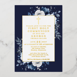 Navy Blue Boho Floral First Holy Communion Gold