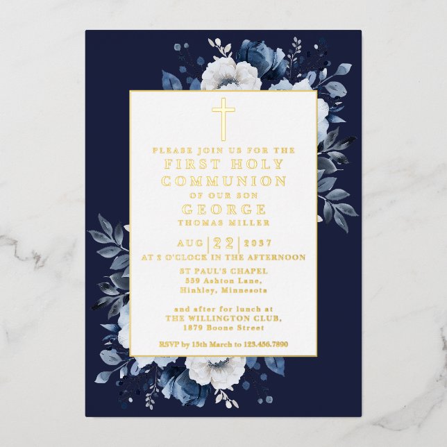 Navy Blue Boho Floral First Holy Communion Gold (Front)